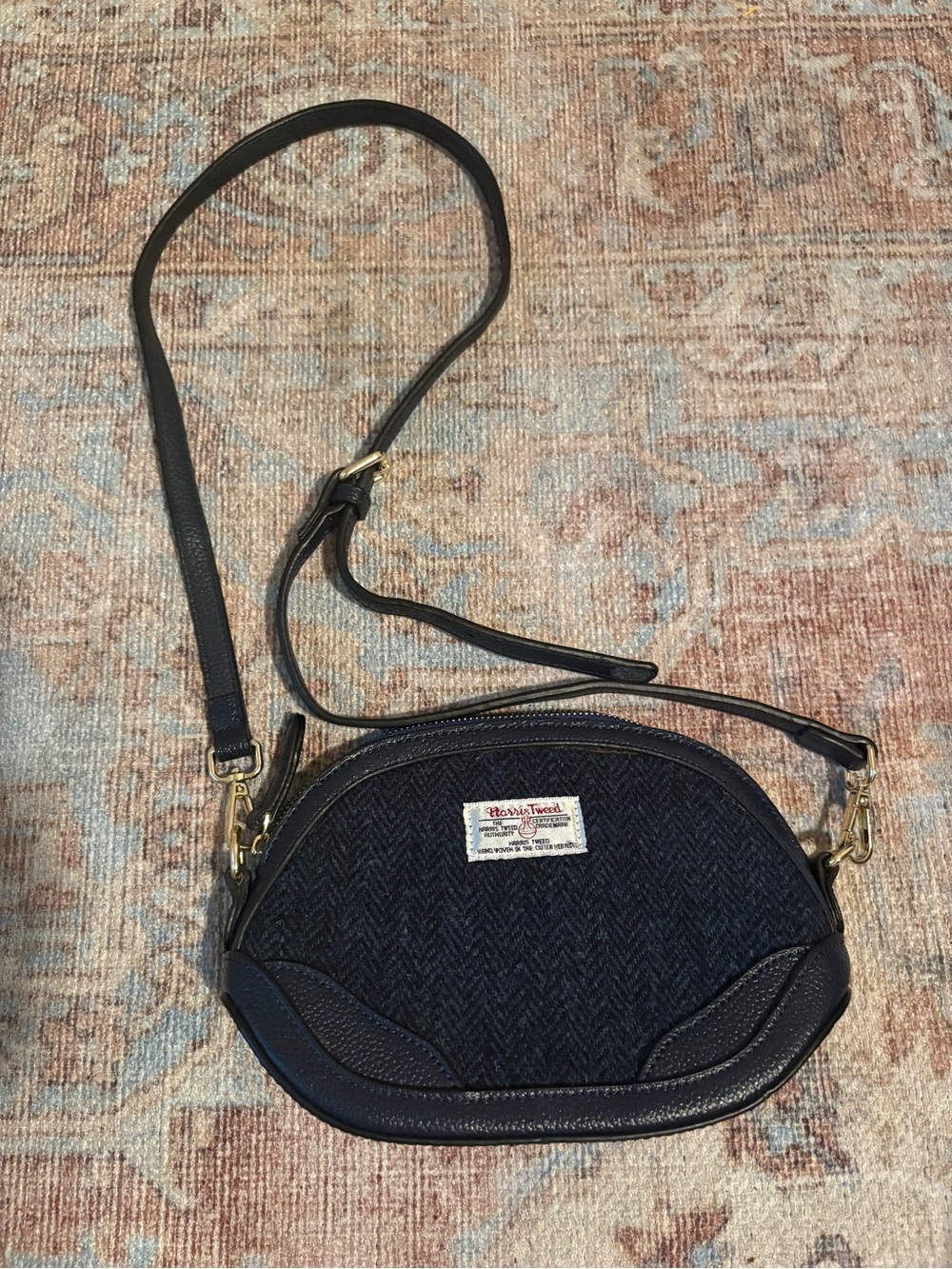 Harris Tweed Navy Wool Crossbody Bag with Leather Trim